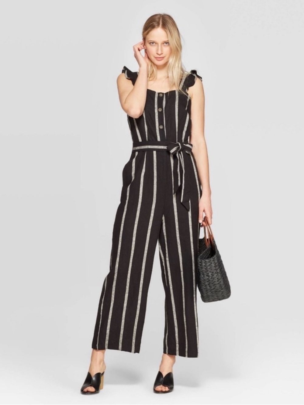 Who What Wear Black Jumpsuit with Cream Vertical Stripes - No Tie